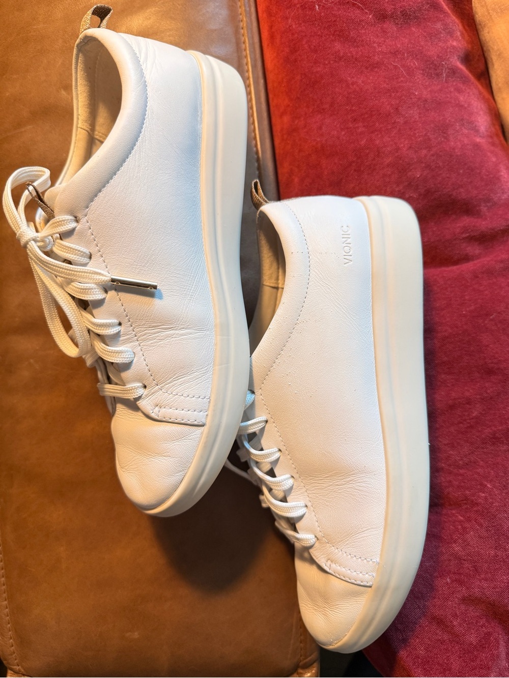 Vionic White Leather Sneakers with Gold Heel Loop